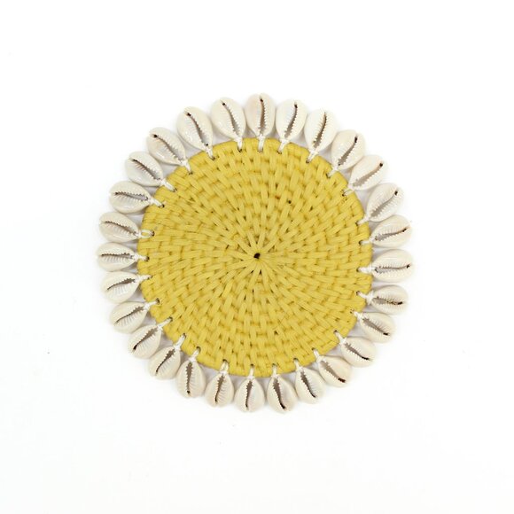 NEW Set of 4-Premium Coasters-Seashell-Trimmed Rattan-Yellow-Eco Handcraft - Picture 4 of 4